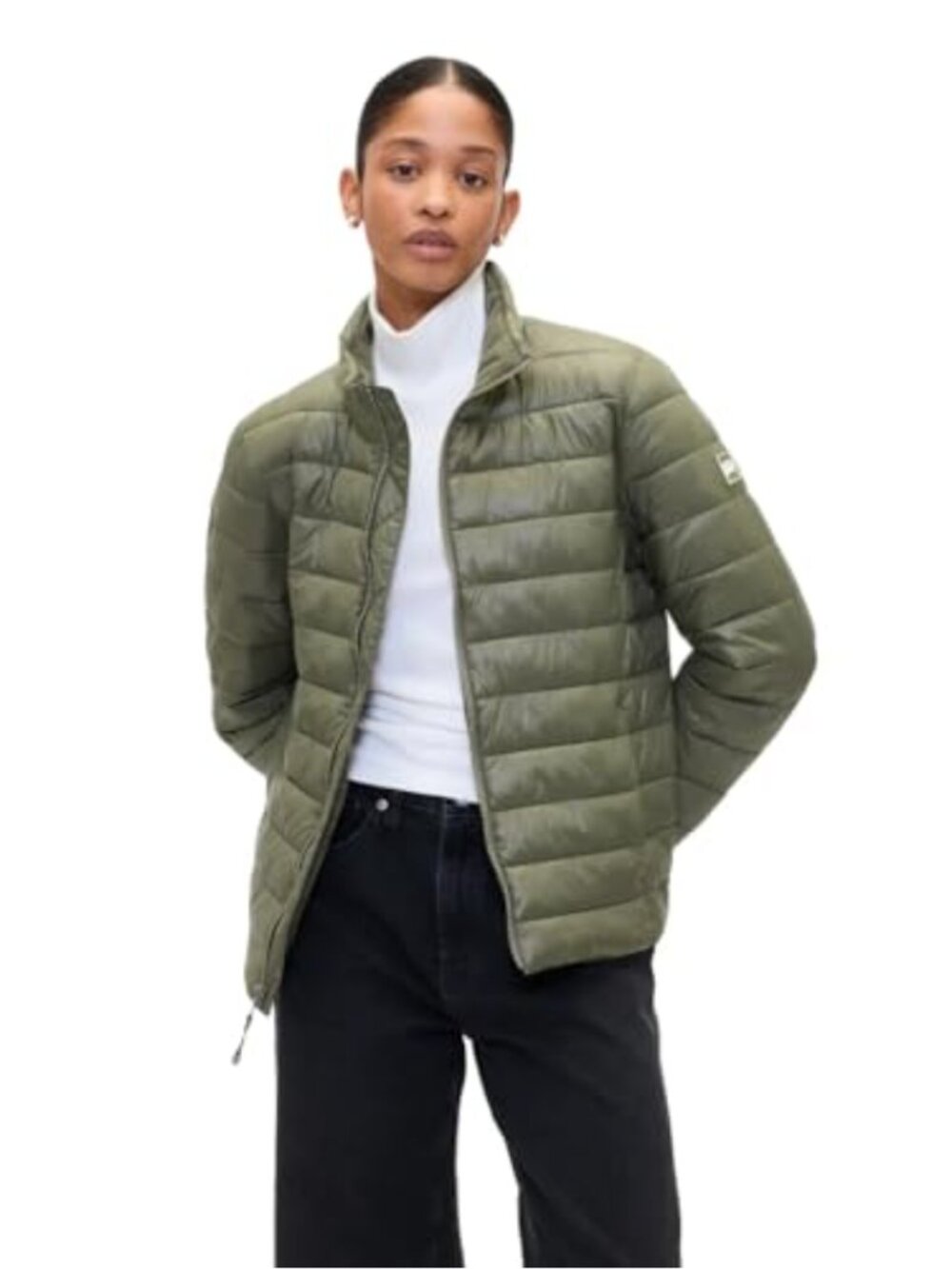 Lightweight Quilted Puffer Jacket Band Collar Long Sleeve